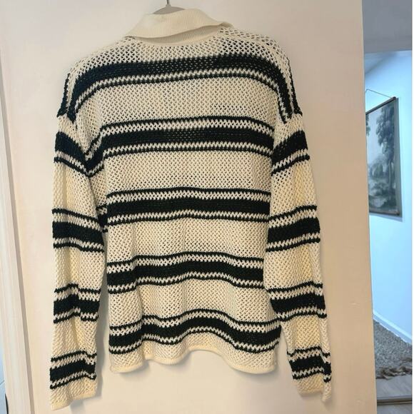 NWT Madewell Open-Stitch Johnny Collar Sweater In Summit Green Stripe Size Large - Picture 6 of 6